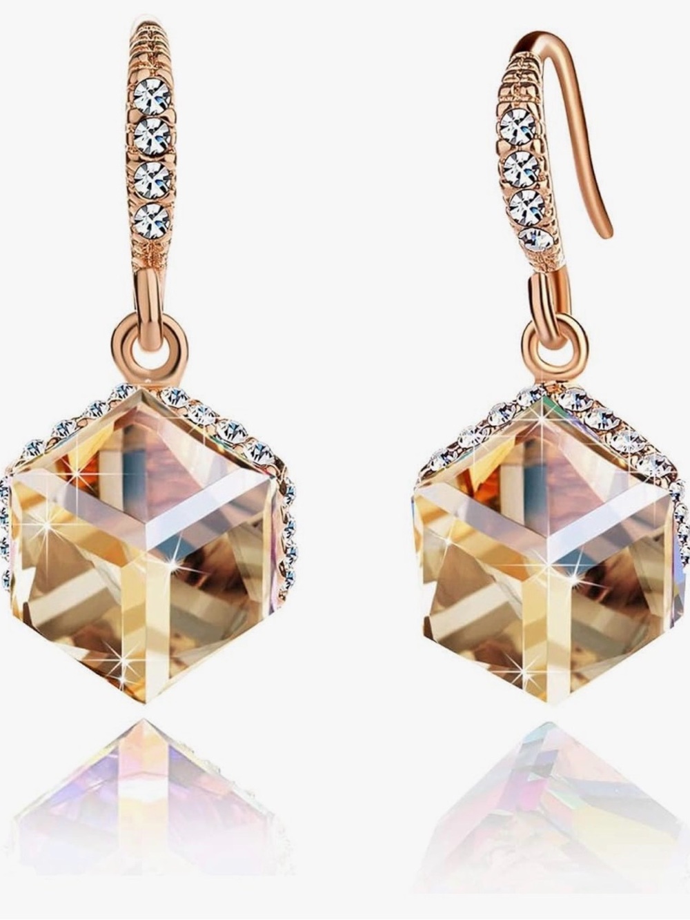 Austrian Crystal Cube Drop Earrings for Women,14K Gold Plated